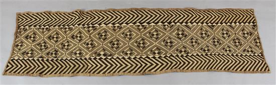 Two panels of 20th century Kuba palm fibre raffia cloth panels from Zaire, 188cm x 50cm, 250cm x 86cm
